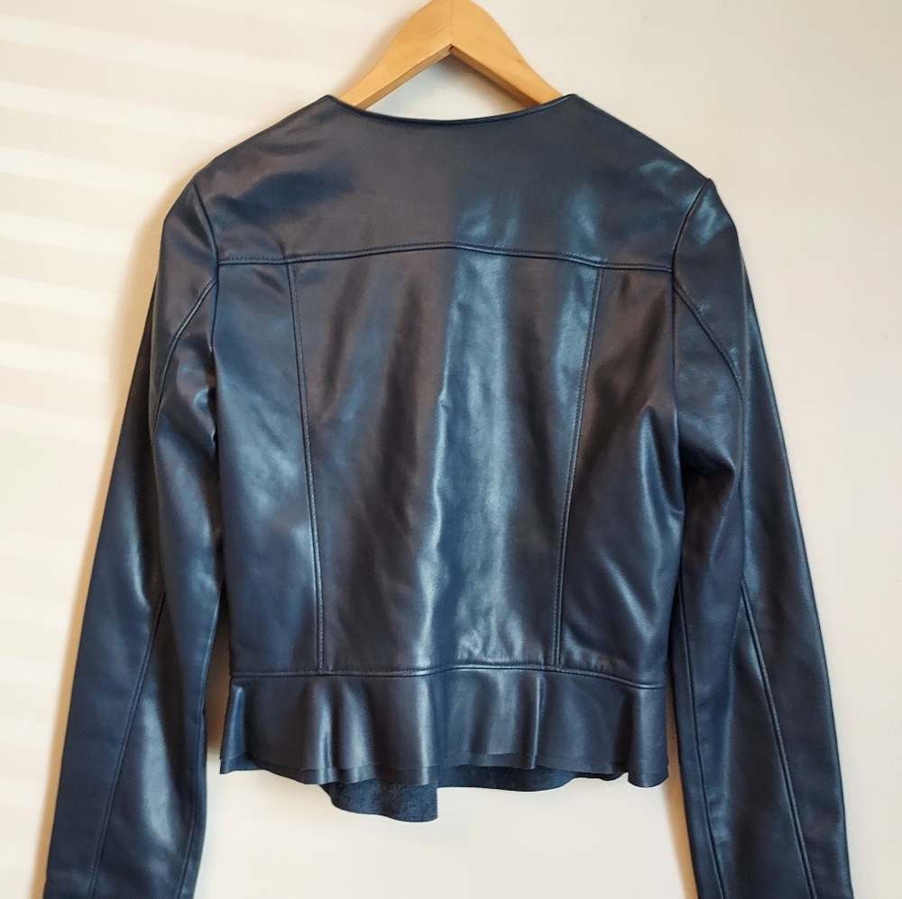 Zara Blue Ruffle Faux Leather Jacket Size Small NEW NWT - Picture 5 of 9